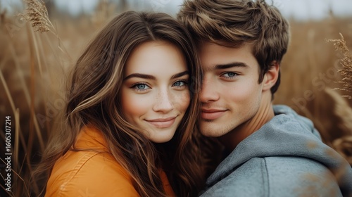 Couple Embraces in a Serene Field During Golden Hour Surrounded by Tall Grass...