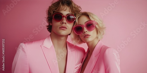 Couple Poses in Matching Pink Outfits and Sunglasses Against a Soft Pink Back...