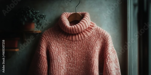 Cozy Pink Turtleneck Sweater Hanging in a Warm Indoor Setting During a Quiet ...