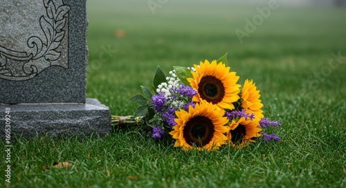 Bouquet of sunflowers and wildflowers placed by gravestone in foggy field  