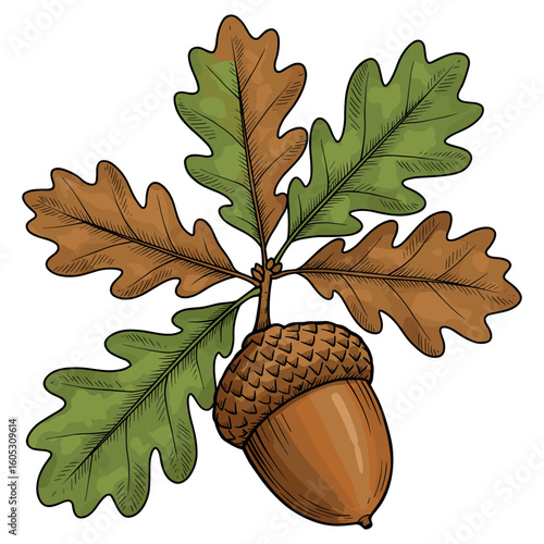 Detailed oak leaf and acorn illustration with green and brown color palette. Vector illustration