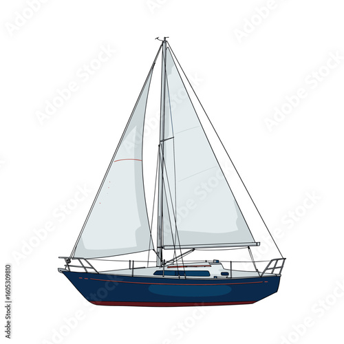 Elegant blue sailboat with white sails on calm waters. Vector illustration