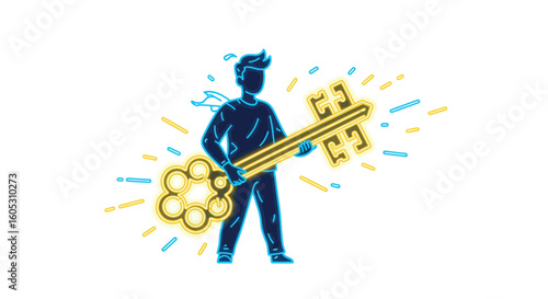 Neon silhouette of person holding oversized key with dynamic light effects