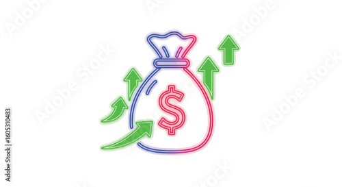 Glowing money bag with rising arrows symbolizing financial growth
