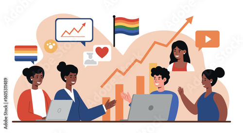 Diverse team collaboration with pride in a modern office setting