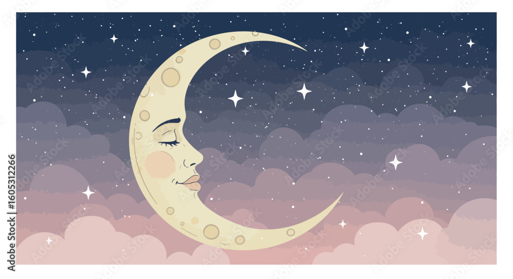 Naklejka premium Dreamy moon with face amidst night sky and twinkling stars