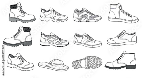 Diverse footwear outlines: casual shoes and boots collection in black and white