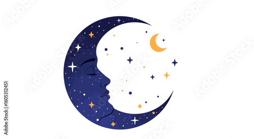 Dreamy night moon with face and stars in cosmic art design