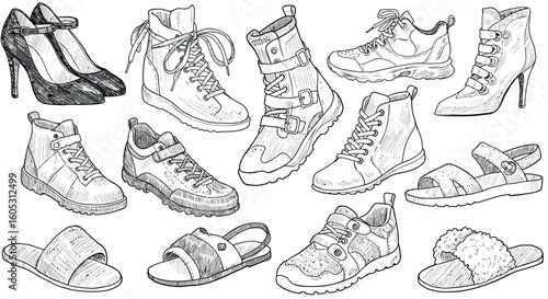 Diverse hand sketched footwear collection featuring boots, sneakers, and sandals