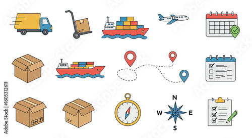 Logistics and shipping icons: flat style transport and delivery set