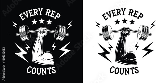 Every Rep Counts Gym Motivational Illustration with Muscular Arm Lifting Barbell and Lightning for Workout T Shirt Design
