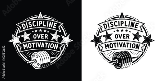 Discipline Over Motivation Badge Style Gym Typography with Stars and Barbell for Fitness and Workout T Shirt Design