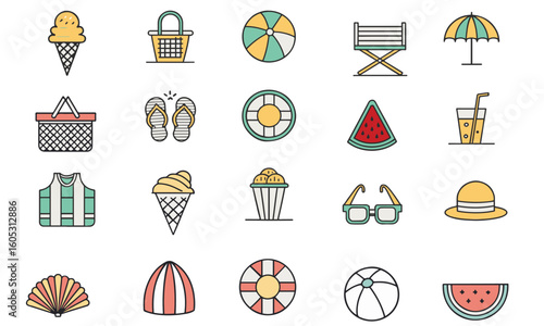 Collection of colorful summer vacation icons in a charming silhouette style vector Illustration.