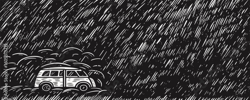 Van Driving Through Heavy Rain, Black and White Illustration
