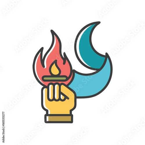 Hand holding fiery torch against crescent moon symbolizing night and enlightenment