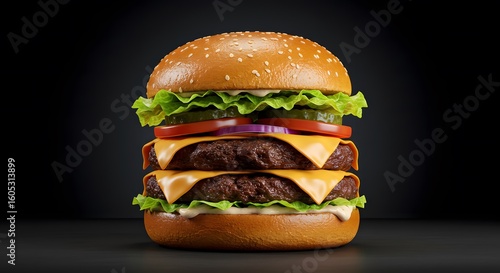 Juicy Cheeseburger with Lettuce, Tomato, and Melted Cheese in a Toasted Bun – Classic American Fast Food Favorite Served Hot and Fresh