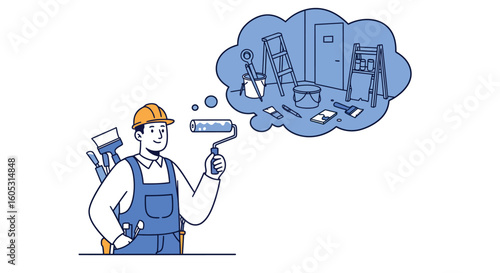 Renovation planning: worker envisions complete room makeover with essential tools
