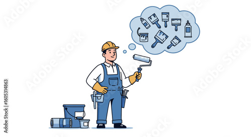 Painter dreaming of tools in thought bubble while holding a roller