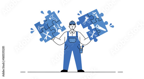 Handyman silhouette with puzzle pieces and tools in blue overalls