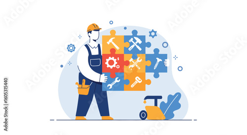 Worker assembling puzzle of tools with construction icons and equipment in flat style