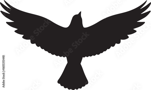 Flying bird silhouette vector, graceful wing pose icon, black feathered animal illustration, soaring nature outline design, dynamic flight shape, wildlife symbol art