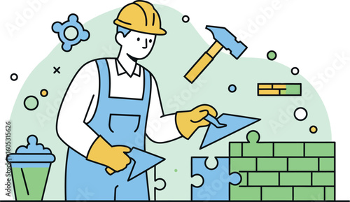 Construction worker in safety gear building a puzzle wall with tools in line art style