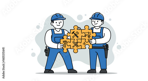 Construction teamwork concept with workers connecting puzzle pieces in cartoon style