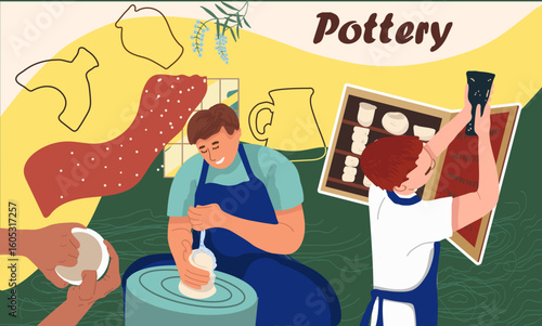 Pottery collage. Hand drawn vector illustration.
