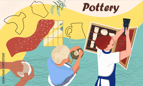 Pottery collage. Hand drawn vector illustration.