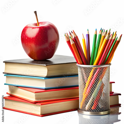 Red apple on stack of books with colored pencils in a cup isolated on transparent background