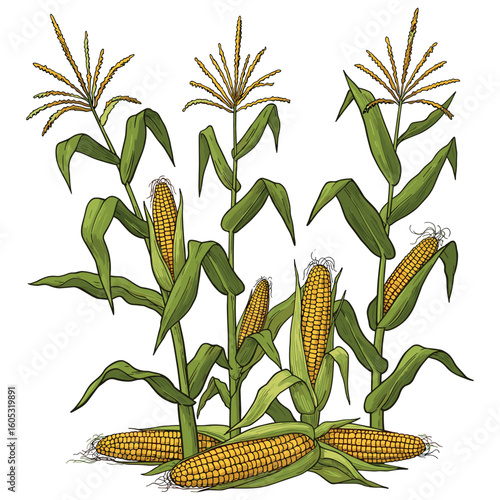 Lush corn stalks with harvested ears on a white background. Vector illustration