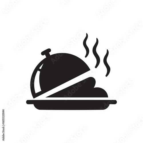Black silhouette icon of a steaming food platter with lid partially open