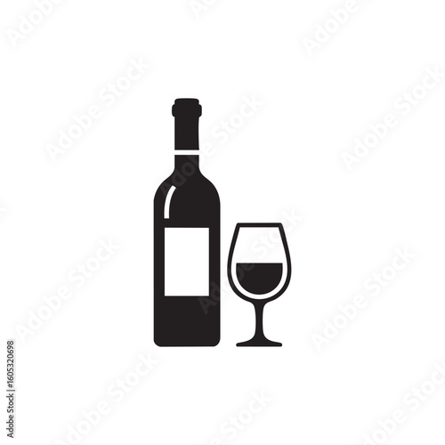 Simple black silhouette of a wine bottle and a full wine glass