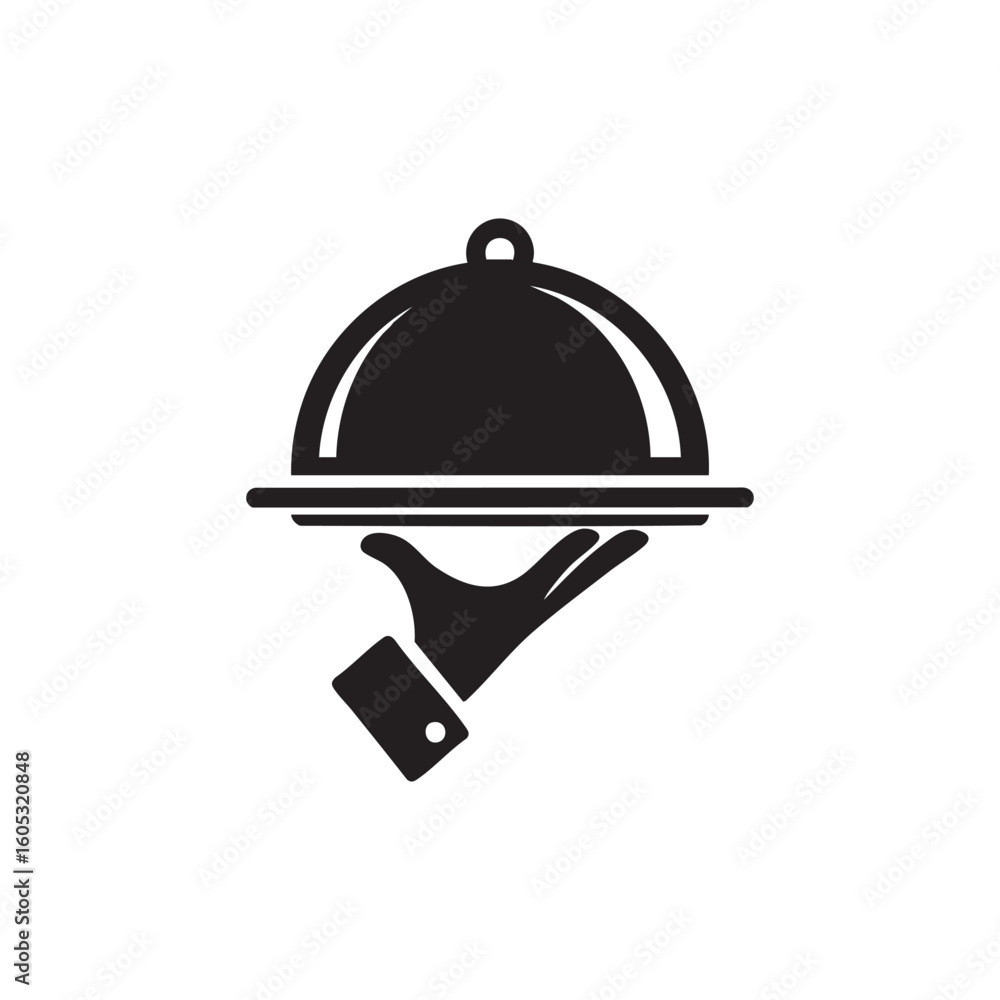 Fototapeta premium Restaurant service icon of a hand serving a cloche covered dish