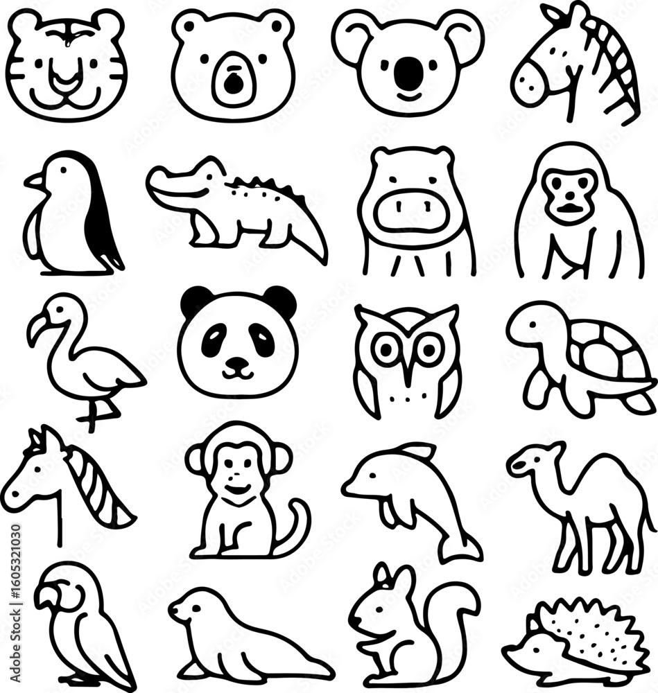 Fototapeta premium A charming collection of hand drawn animal illustrations featuring a diverse array of creatures from around the world presented in a simple line art style