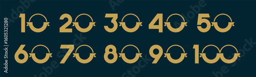 Set of collection numbers 10 to 100 with ribbon vector illustration. Ribbon with numbers 10, 20, 30, 40, 50, 60, 70, 80, 90, 100 for greetings, anniversary, discounts and more.