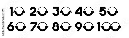 Set of collection numbers 10 to 100 with ribbon vector illustration. Ribbon with numbers 10, 20, 30, 40, 50, 60, 70, 80, 90, 100 for greetings, anniversary, discounts and more.