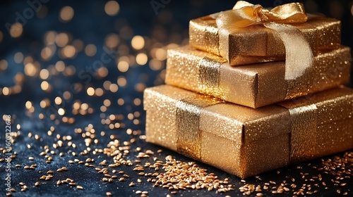 Wallpaper Mural Stacked golden gift boxes on dark background Torontodigital.ca