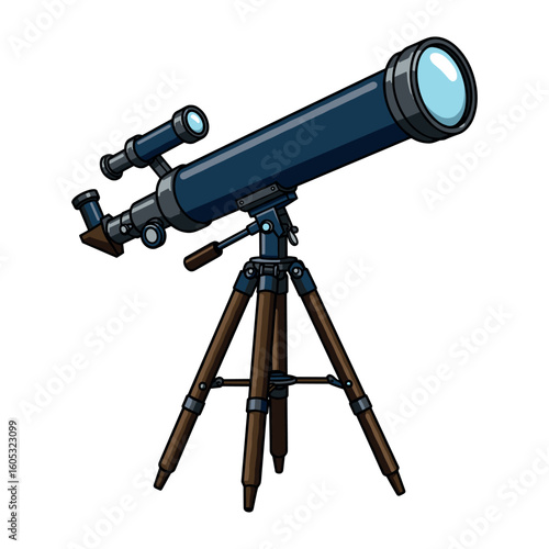 Detailed telescope on tripod with blue and silver design for stargazing. Vector illustration