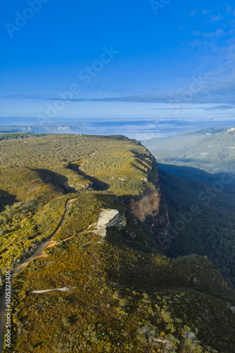 Drone aerial photograph of the picturesque and wide Jamison Valley taken from near the town of Wentworth Falls in the Blue Mountains, NSW, Australia.