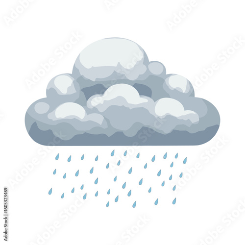 Cartoon style rainy cloud with raindrops. Vector illustration