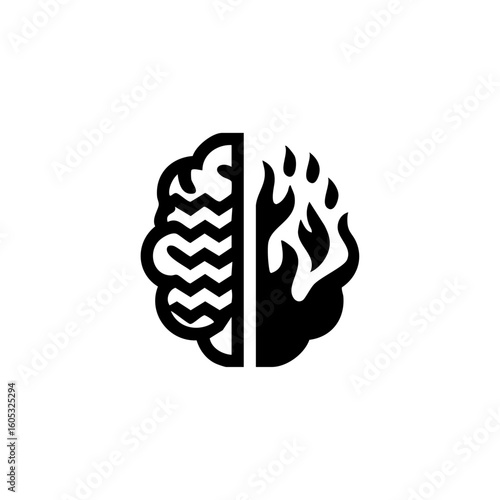 Black minimalist icon of a brain split into two sides: calm wave patterns on the left and dynamic flames on the right, representing emotional and rational duality.
