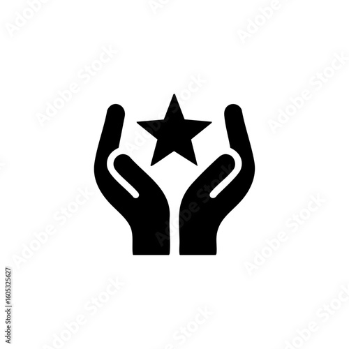 Simple black vector of two uplifted hands holding a star, symbolizing guidance, achievement, talent recognition, or child support and protection.

