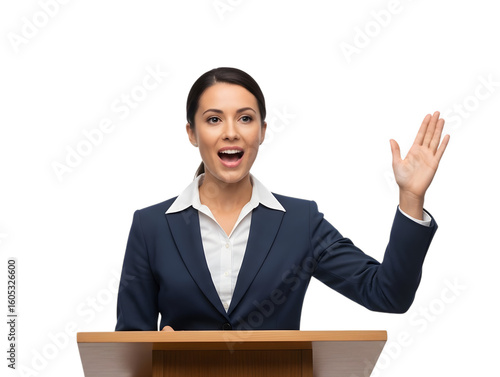 A Renewable Energy Policy Advisor Delivering a Passionate Speech at a Podium on Clean Energy on isolated transparent background.