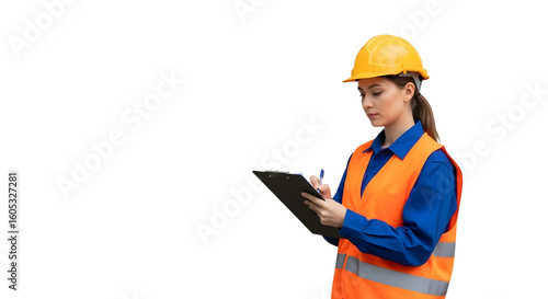 An Environmental Officer at a Hydropower Dam Taking Notes on Water Flow and Fish Ladders on isolated transparent background.