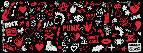 Punk scribble doodle set. Vector hand drawn graffiti groovy punk Collection. Rock style crayon drawn shapes. Crayon sketch heart, eyes, fire, guitar, notes, music, skulls, guests, stars, lips