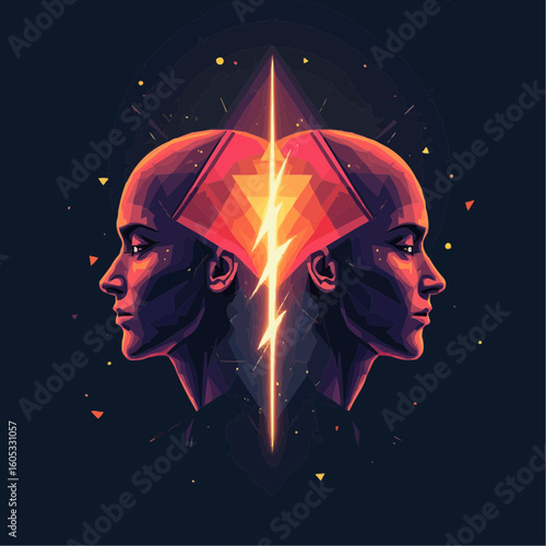 Two heads with lightning in vector style showcasing striking symmetry  