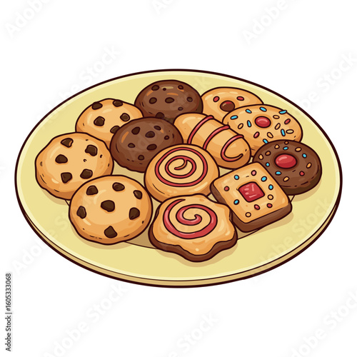 Variety of assorted cookies on a plate with chocolate chips and sprinkles. Vector illustration