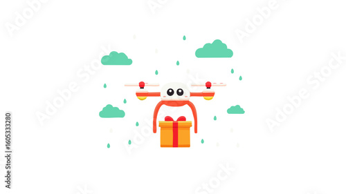 Cute drone delivery vector illustration gift box, clouds, modern technology Cloud Courier A Skybound Gift from the Digital Age