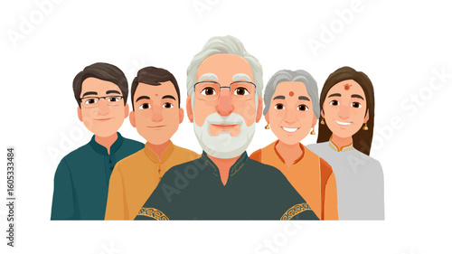 Indian family vector illustration diwali  grandparents, parents, and children cartoon Threads of Tradition Indian Generations Bound by Festive Spirit